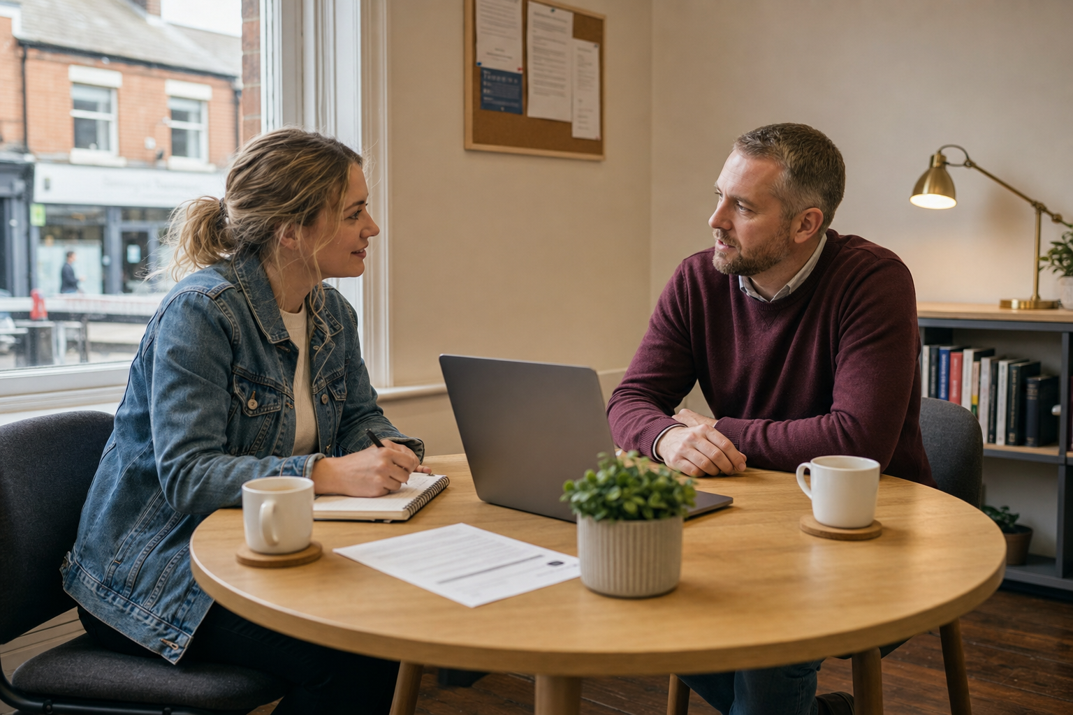 Employment adviser and a participant in a calm one-to-one conversation across a small wooden table in a north-west English community advice space.