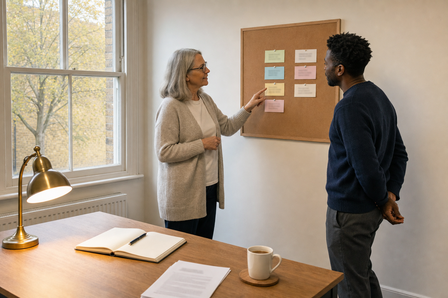 Two colleagues reviewing a small planning board together in a calm British office—working through next steps over notes and a mug of tea.