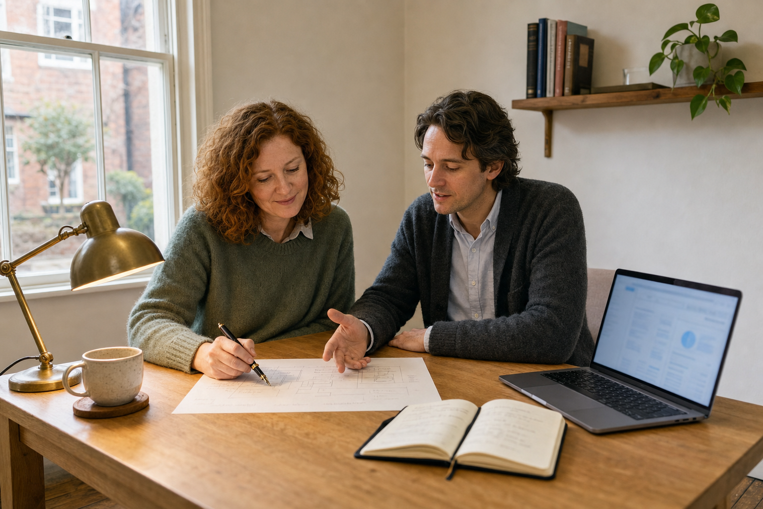 Two colleagues sketching together on paper at a calm British studio desk—a jargon-free working conversation, mug of tea to hand.