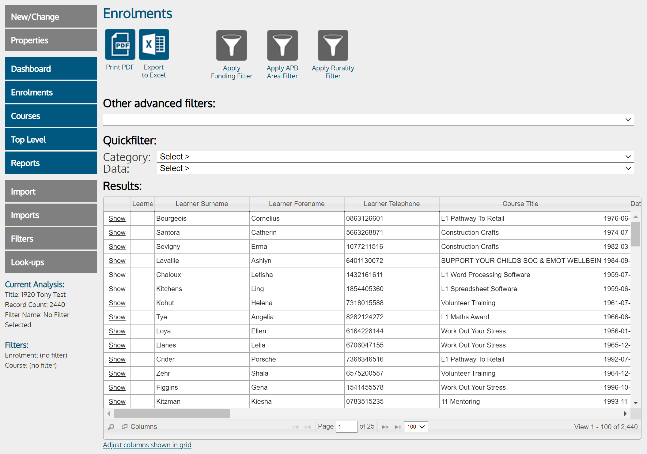 ALDAS Enrolments Screenshot