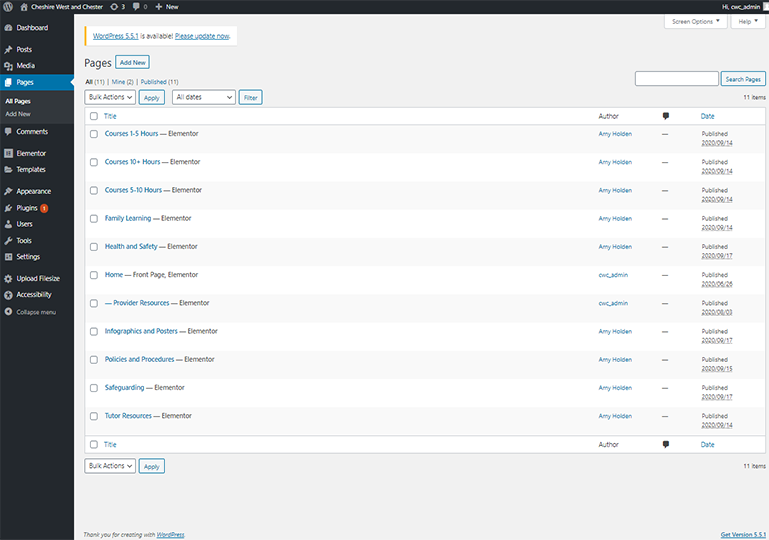 Cheshire West Council WordPress management page