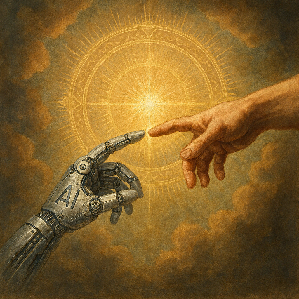 Digital painting of a human hand and a robotic AI hand reaching toward each other, their index fingers nearly touching against a radiant golden halo. The background features warm, celestial clouds, evoking divine and theological themes. The image symbolizes the convergence of human will and artificial intelligence, hinting at spiritual and metaphysical dimensions.