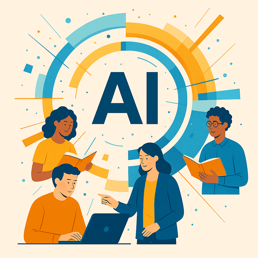 A modern flat‑style illustration showing four diverse adults interacting with AI in an educational setting. At the centre, large bold letters “AI” are surrounded by concentric arcs in blue, orange, and yellow, with radiating lines and dots. On the left, a man works on a laptop while a woman points at the screen; on the right, a seated woman reads a book and a standing man with glasses holds another book. The abstract circular design blends geometric shapes with warm, collaborative energy, symbolising the integration of AI into teaching and learning.