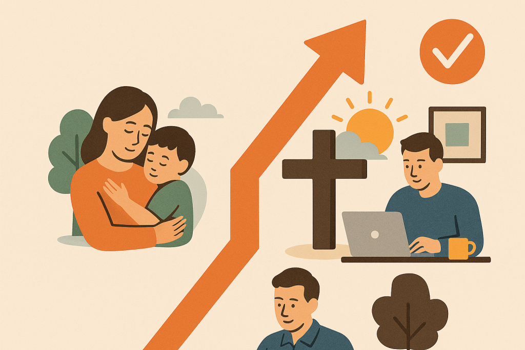 Abstract flat-style illustration divided into three sections by an upward-pointing orange arrow. On the left, a mother lovingly cradles her child beneath a tree and cloud, symbolizing personal life and relationships. In the center, a wooden cross stands beneath a sun and cloud, representing faith and spirituality. On the right, a man works at a desk with a laptop and coffee mug, symbolizing professional life. A checkmark in a circle appears in the top corner, suggesting alignment or success. The muted color palette and minimal design evoke calm and balance.